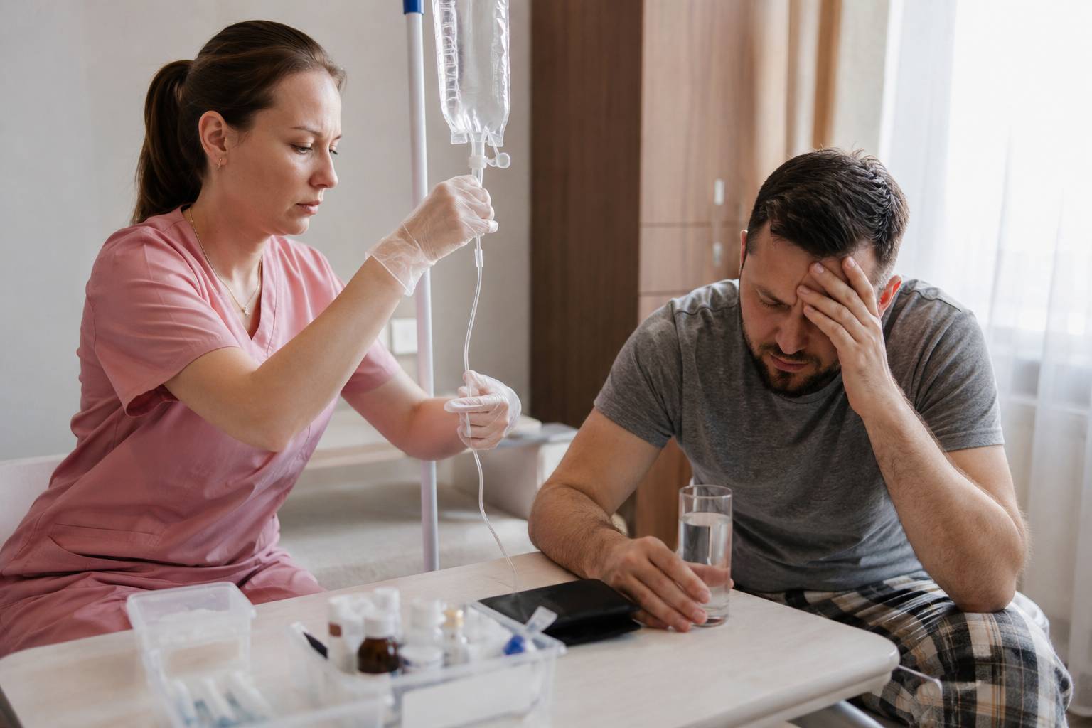 Специалист готовит пациента к процедуре лечения похмелья